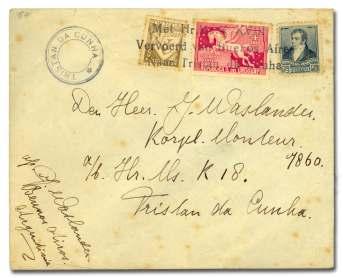 238 1935, Dutch Sub ma rine K XVIII Mail. En ve lope sent from Ar gen tina, orig i nally ad dressed to Tristan da Cunha but for warded to Cape town, bear ing a very fine strike of Met Hr. Ms.