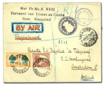 tied by Cape Town Paquebot Apr. 2, 1935 cir cu lar datestamps, which is re paired along side; cover with ver ti cal crease not af fect ing stamps or markings, Fine to Very Fine.