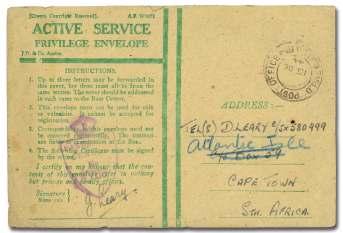 259 260 259 1944, cen sored cover to Pre to ria, South Af rica, re di rected to Upington and then to Windhoek in South West Af rica, show ing tomb stone shaped handstamp in red, and signed by EJW (Dr.