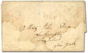 203 1836 (Jan 2), pre-ca chet folded whal ing let ter to Shelton Is land, New York, show ing manu script 20 3/4 rate mark ing, along with red SHIP handstamp and match ing New Bed ford Mar 17 MS re