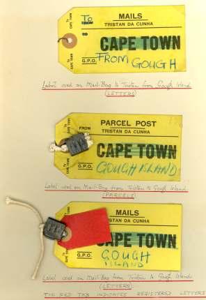TRISTAN DA CUNHA: Ephemera Ephemera 287 Tags used on mailbags to Tristan da Cunha from Gough Is land, three sim i lar items; com pris ing one for sack of reg u lar let ters, other for a sack of reg