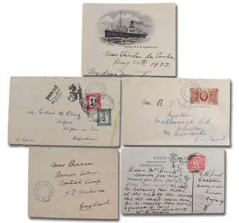 TRISTAN DA CUNHA: Assortments, Group Lots and Collections 297 1928-29, four cov ers & par cel wrap per with type II ca chet, com pris ing two un dated stampless cov ers to Eng land, and in clud ing
