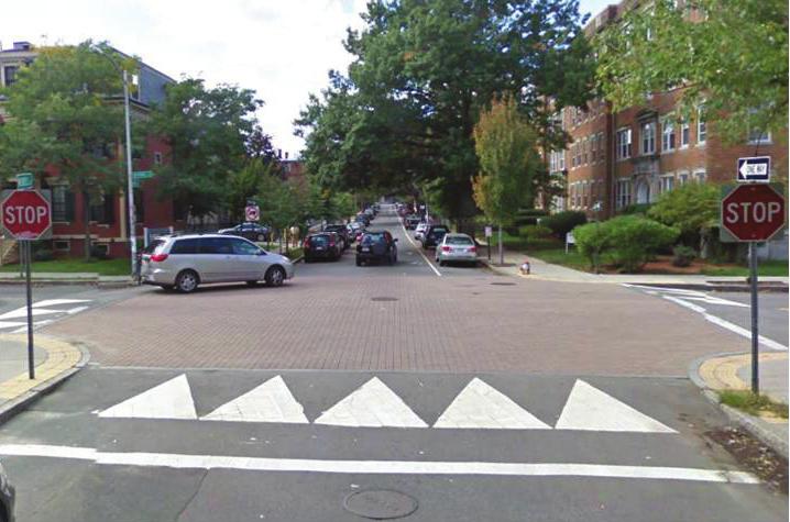 Preferred design. The entire intersection is raised to the level of the footpath, compelling motor vehicles to slow down.
