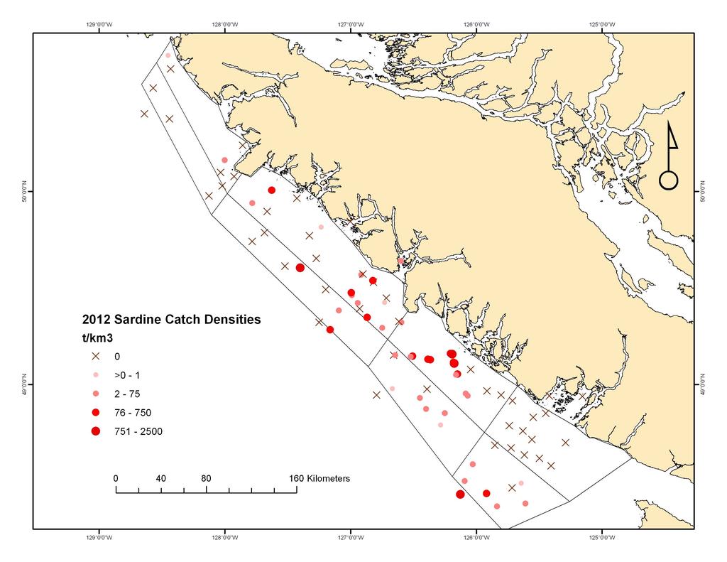 WCVI survey sardine catch density and length observations In 212, a total of 88 trawl tows were made (Figure 19).