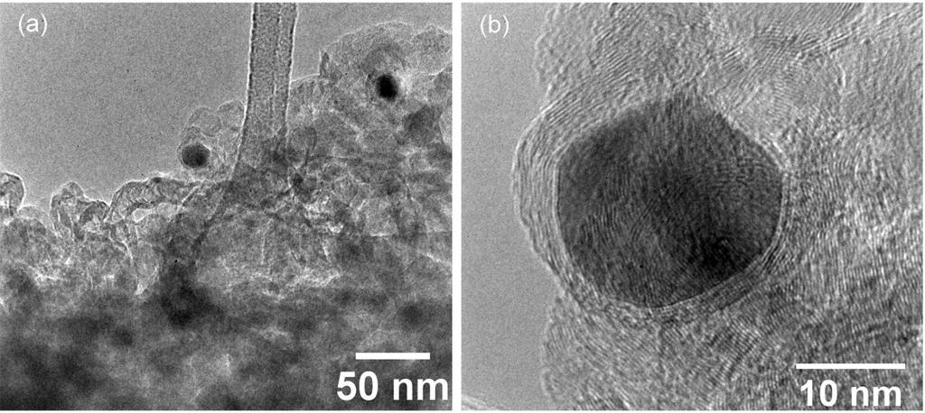 Figure S18. (a) TEM and (b) HRTEM of Co NPs coated by several graphitic shells after ORR durability test for about 24 h. Fig.