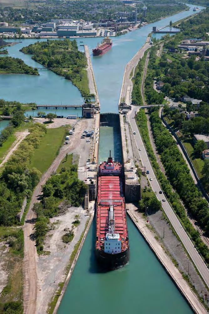 Fourth Welland Canal Construction of the present canal finished in 1932 The difference of 99.5 m (326.5 feet) between the levels of Lake Ontario and Lake Erie is overcome with eight locks and 43.
