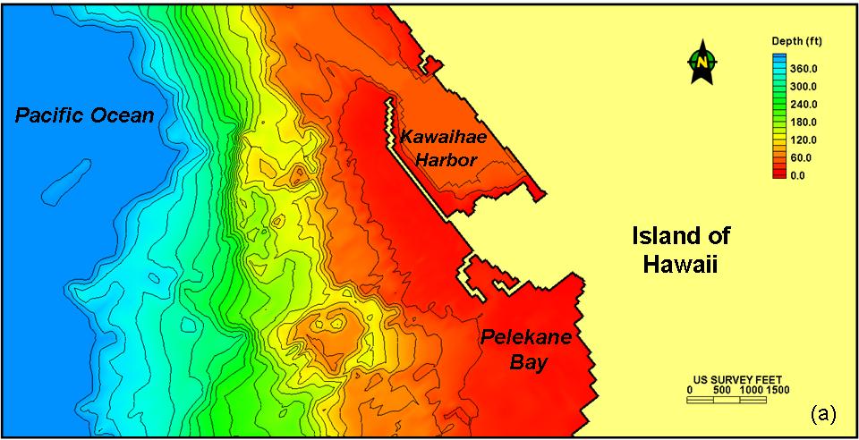3 DATA ASSEMBLY AND ANALYSIS Coastline and Bathymetry Coastline information for Kawaihae Harbor and Pelekane Bay along the west coast of the Island of Hawaii was extracted for this study from a