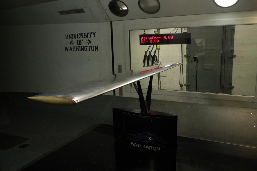 Fig. 3 Northeast view of NACA 232 wing model, with baseline rounded wingtips, in KWT IV. Procedure Model Installation and Calibration.