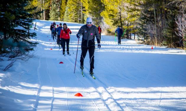 Cross country skiing is essentially a one-legged sport. Forward motion happens by combining the push of muscles (flexion and extension) and the pull of gravity (falling forward).