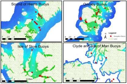 4 geographic areas in Scotland subjected to a range of tidal