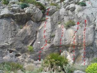 A short and poor route up the left side of the cave, passing a single bolt to a ring bolt. 4. Route 3... A2 8m.