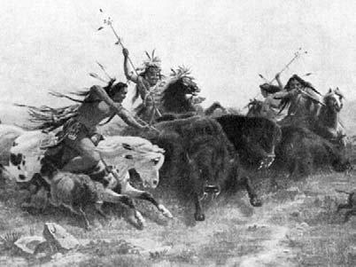 They would ride toward the herd until the bison started running. Then the hunters would ride right alongside the animals, spearing them or shooting them with either bows and arrows or guns.