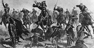 This depiction shows a U.S. Army troop fighting a Plains Native American tribe.