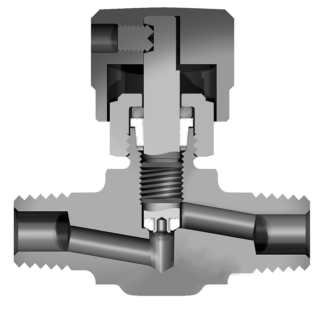 V4LC Series Miniature Needle Valves Features Stainless steel construction Tapered bore PTFE packing Optional R stem (All metal, blunt tip) or K stem (PCTFE stem tip) Knurled aluminum handle Optional