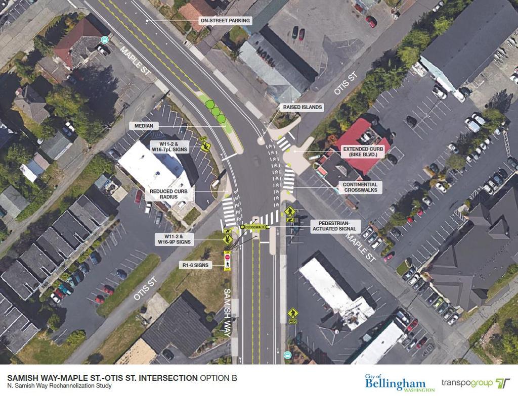 13 Conceptual Layout New pedestrianactivated flashing amber crosswalk at Samish/Otis intersection Between Boomer s