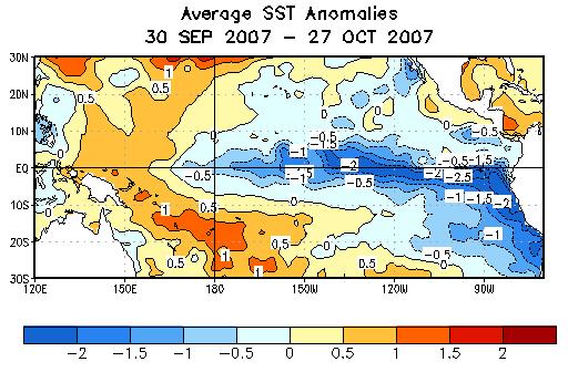 SST Departures ( o C) in the Tropical Pacific During the Last 4 Weeks During the last four weeks, equatorial Pacific SSTs were generally more than -2 o