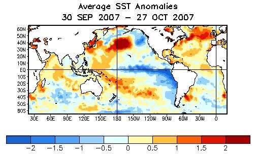 Global SST Departures ( o C) Equatorial SSTs remained below average across the central and eastern equatorial Pacific Ocean, and above average in the western Pacific Ocean, the Indian Ocean, and