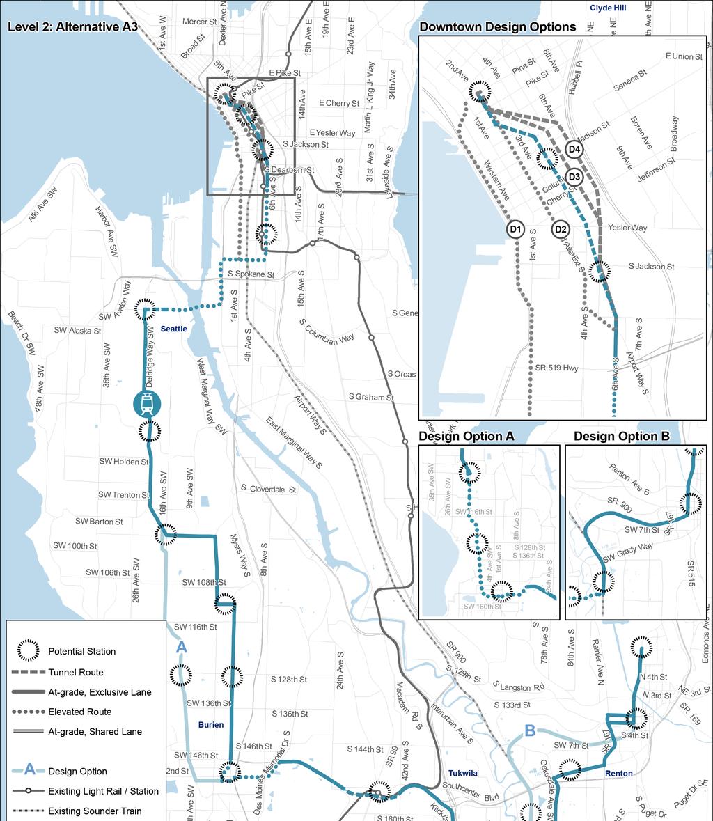 South King County High Capacity Transit Corridor Report Alternative A3 Alternative A3 is a light rail transit (LRT) alignment that travels via a mix of at-grade, elevated and tunnel profiles.