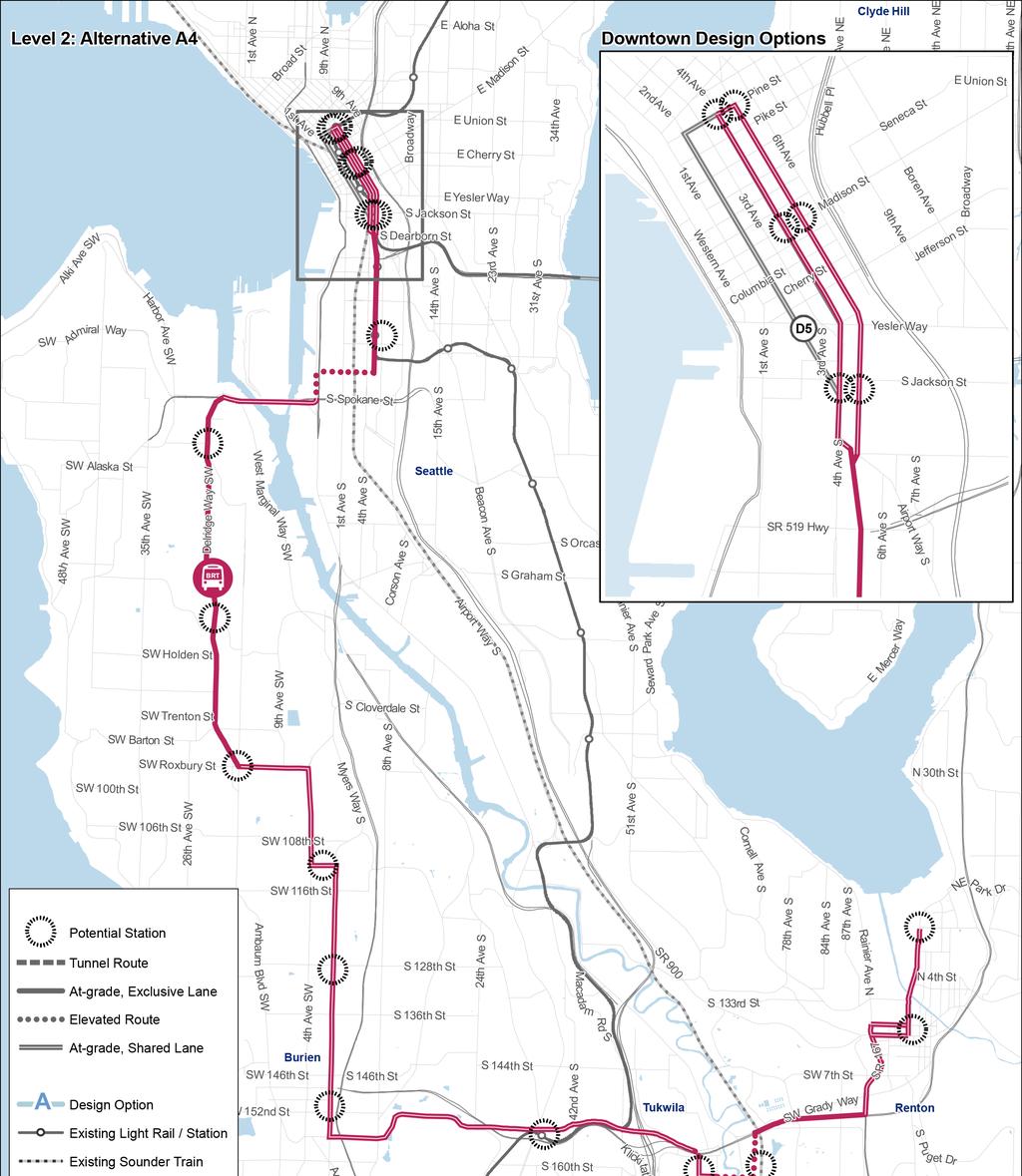 South King County High Capacity Transit Corridor Report Alternative A4 Alternative A4 is a BRT alignment that travels via a mix of at-grade and elevated profiles.