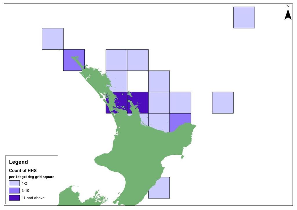 Figure 3: Number of hammerhead shark caught per one degree by one degree grid square. This map has been produced using data extracted from the COD database.