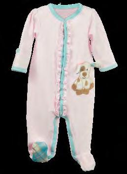 Mollie the Puppy Footie, with flip-cuff sleeves to protect baby from scratching themselves. Comes with padded hanger. 0-3 months 522-G4M3 - Minimum 3, $13.85 6 months 522-G4M6 - Minimum 3, $13.