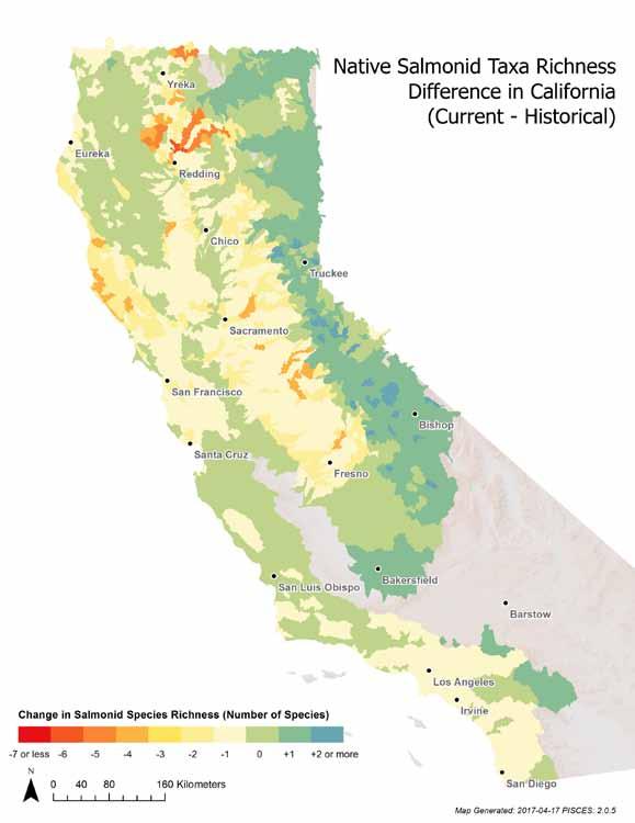 Right: Figure 2. Change in native salmonid species richness in California, historical to present.