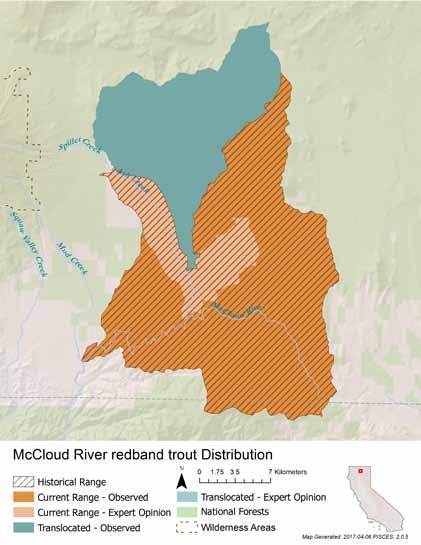METRIC SCORE JUSTIFICATION Area occupied 1 Four core populations are clustered fairly close to each other and all are in Upper McCloud watershed, so are treated as one watershed.