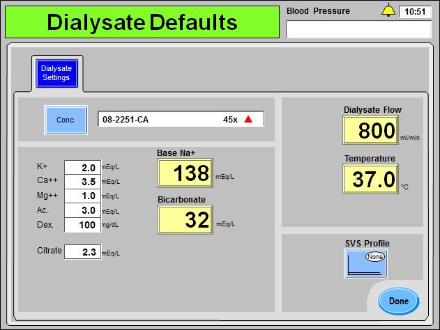 Chapter 3 Setting Treatment Parameters Entering Dialysate Settings on the Diaysate Defaults screen: Each of the editable dialysate parameters are displayed to the right of the Dialysate Settings