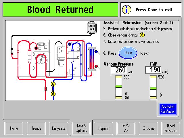 Chapter 4 Monitoring the Treatment Figure 85 Second Assisted Reinfusion Screen 5. Perform additional rinseback per clinic protocol After the blood has been returned, the blood pump will stop running.