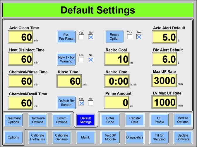 Appendix E Default Settings Screen Figure 108 Default Settings Screen (showing functional software version 2.70) Note: Starting in functional software version 2.