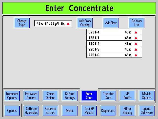 Appendix E Enter Conc Screen: Selecting and Adding Concentrates Note: When updating the software, the Enter Conc screen concentrate list is cleared and saved in memory.