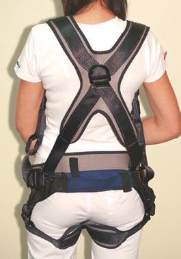 vertical strap down front of body attached to waist with screw gate carabiner Adjustable waist - permanently