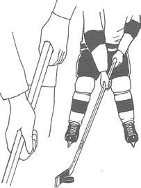 When assuming the correct skating stance, the blade should be flat on the ice. 3. Younger players should have junior size sticks that have narrower shafts and shorter blades. 4. The grip. a. The top hand must be right at the end of the stick.