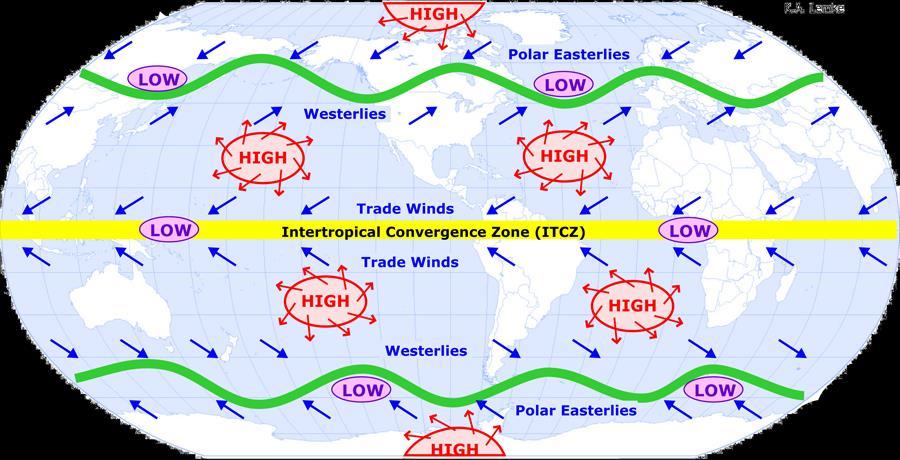 Intertropical Convergence Zone (~0-10 o ) winds blow into low pressure regions Trade winds Subtropical high pressure cells (~20-40 o) winds blow out of high pressure cells Trade Winds toward