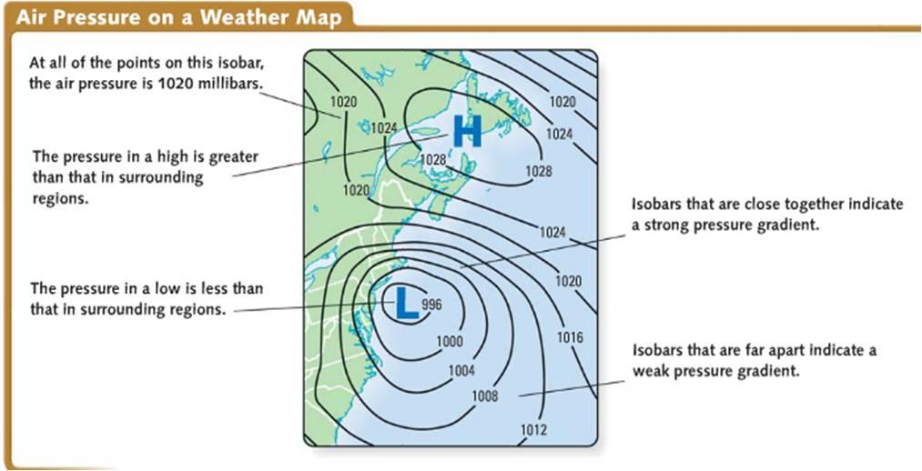 Air Pressure on Weather Map are lines that connect areas of air pressure connected areas form and allow us to view patterns closely spaced isobars indicate rapid