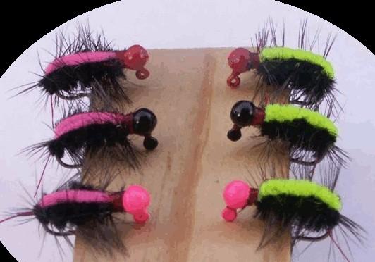 MATERIALS Hook size 4 to 10 or a 1/64 oz jig Thread Red Body Black chenille or crystal chenille Hackle Black rooster hackle