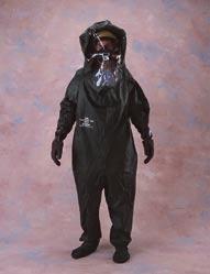 Tychem TK 620 Level A Encapsulated Suit Flat back front entry vapor-protective suit (Level A), sealed seam on outside, 48 zipper, double storm flap with Velcro, 40 mil PVC faceshield, butyl