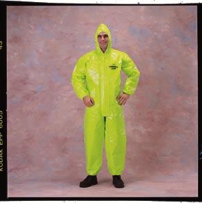 Standard sizes Tychem TK120 Level B, hood, elastic face, open wrists and ankles.