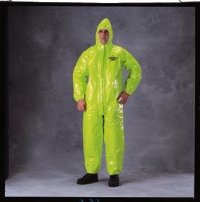 Standard Tychem TK160 Level B, hood, elastic face, elastic wrists, attached boots with boot flaps.