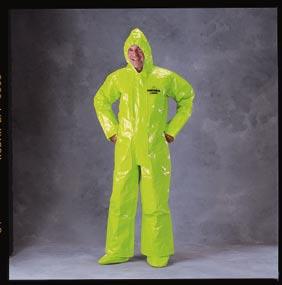 Standard sizes Tychem TK166 Level B, respirator fit hood, double storm flap with Velcro, elastic face, wrists and ankles.