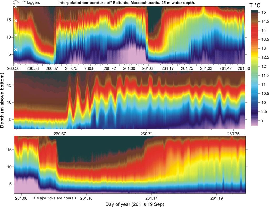 Figure 1. Time series of interpolated temperature at 25 water depth. The middle and bottom panels are amplifications of the bottom top panel.