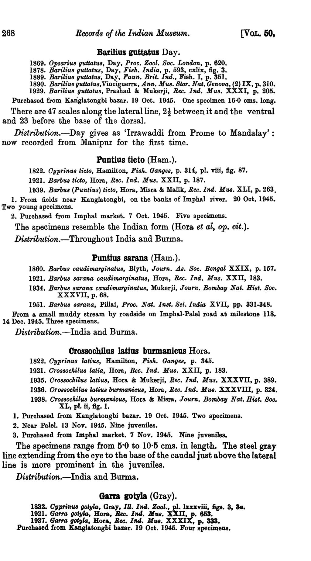 268 Records oltke Indian Museum.. [VOL. 50, Barillus guttatus Day. 1869. Op8ariu8 guttatus, Day, Proc. Zool. Boc. London, p. 620. 1878. Barilius guttatu8, Day, Fisk. India, p. 593, cxlix, fig. '3.
