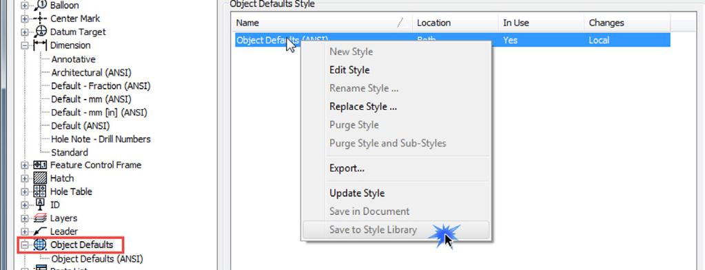 Save the changes to the Object Defaults and publish the style to the Design Data by selecting the top node for the Object Defaults.