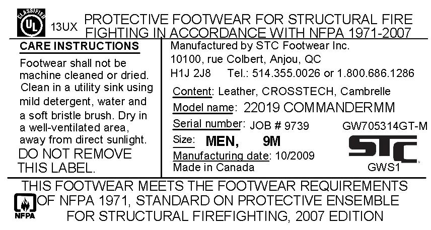 Copy of labels used only in NFPA 1971 (2007) Edition Compliant Structural Fire Fighter Footwear Safety, Cleaning, and