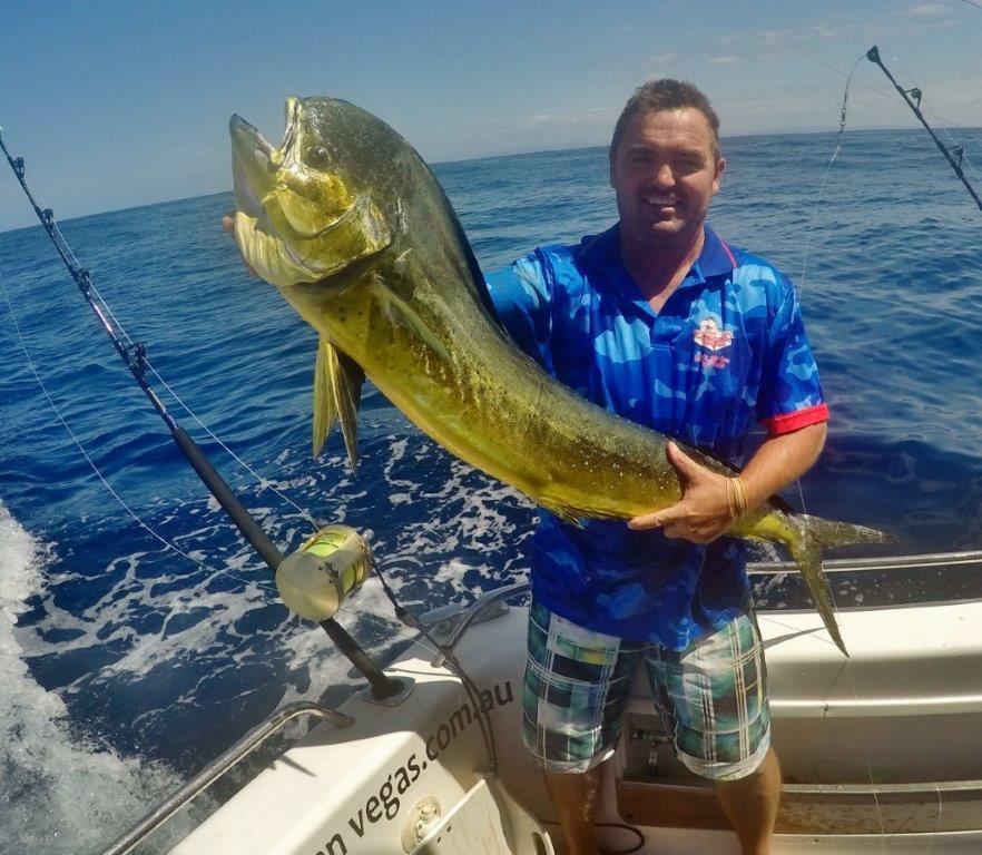 Tim King with a nice mahimahi from Tuesday. The bite continued to fire on Thursday, with eight tags for the boats out there, and Foreign Exchange going 3-2-1 on a 150-kilo blue to Nick Brunyee.