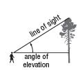 Geom- 8-5 Angles of Elevation and Depression Many real-world problems that involve looking up to an object can be described in terms of an angle of elevation, which is the angle between an observer s