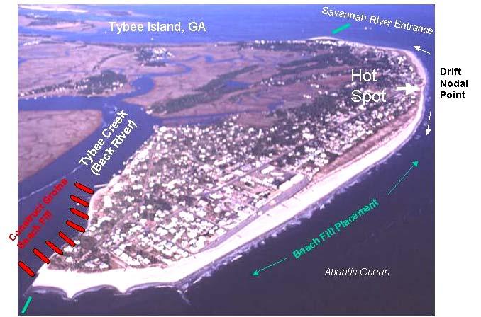 Figure 16. Hot spot location and nodal point at Tybee Island, GA, fill project (courtesy of Carol Abercrombie, Savannah District) Dade County, FL.