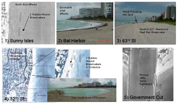 Figure 18. Photographs of the five hot spots along Dade County, FL, fill with remedial measures taken or planned the shoreline orientation change.