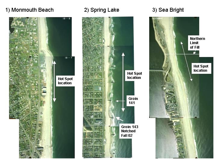 Figure 5. Hot spot locations of Sea Bright to Manasquan Inlet Project (courtesy of Lynn Bocamazo, New York District) Groin 141 was determined to be too short and was not retaining enough material.