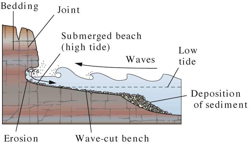 cliff Wave erosion between the high and low water marks forms a wave cut notch at the base of the